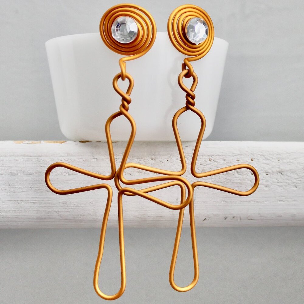 Vintage 90s Aluminum Wrap Wire Cross Rhinestone Pierced Earrings NWT